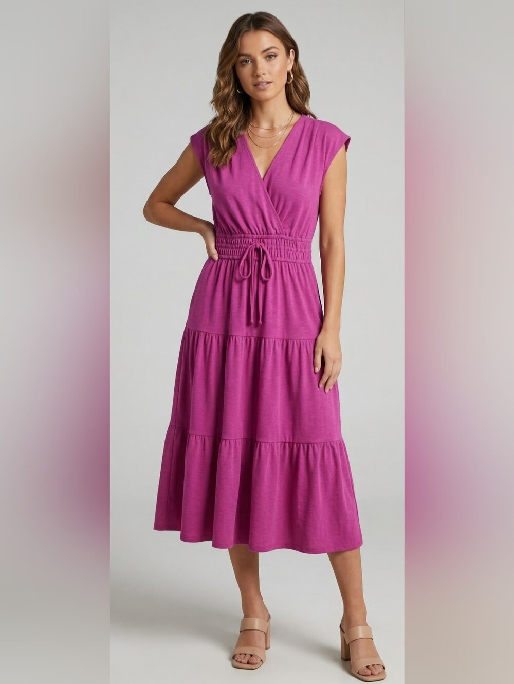 RACHEL ZOE Women's Tiered Drawstring Waist Dress in 'Berry'. Size Large. NWT.